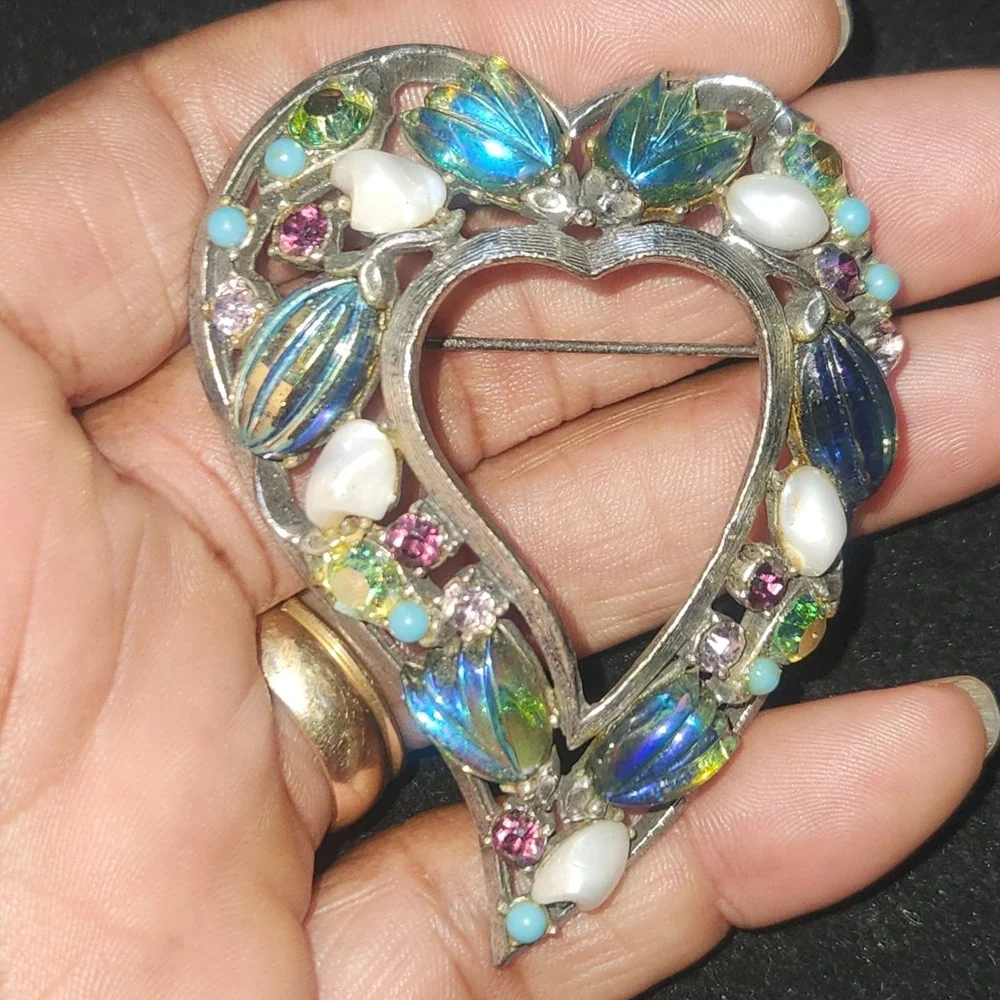 Vintage Florenza Heart Brooch Silver Tone Blue AB Rhinestone and stone Pin